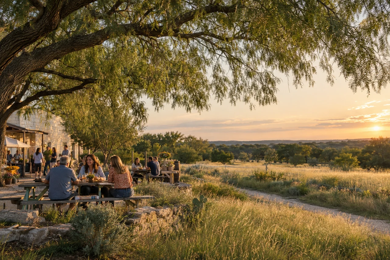 An imagined Texas community gathering beneath mesquite trees beside open land