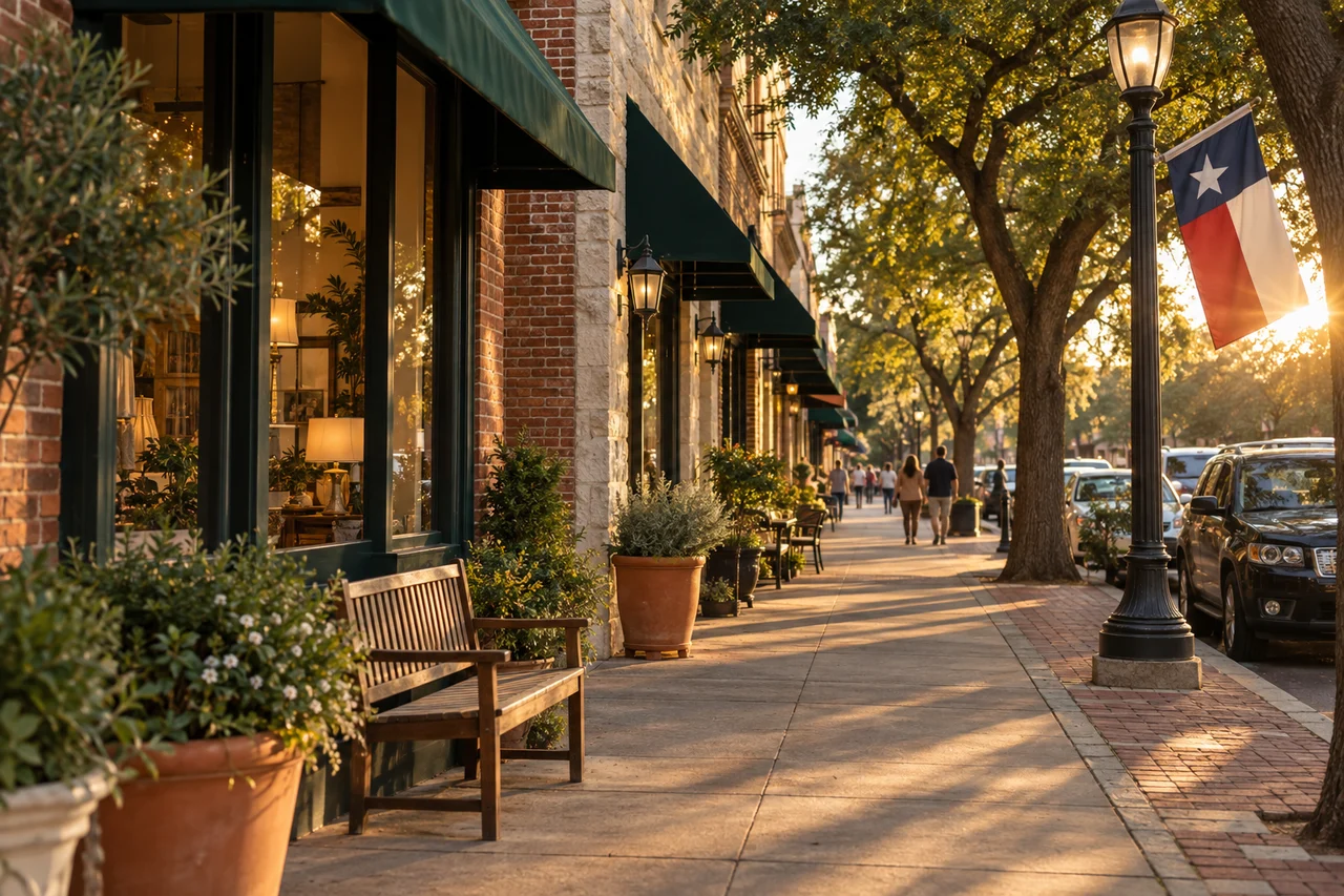 A tree-lined Texas main street at golden hour