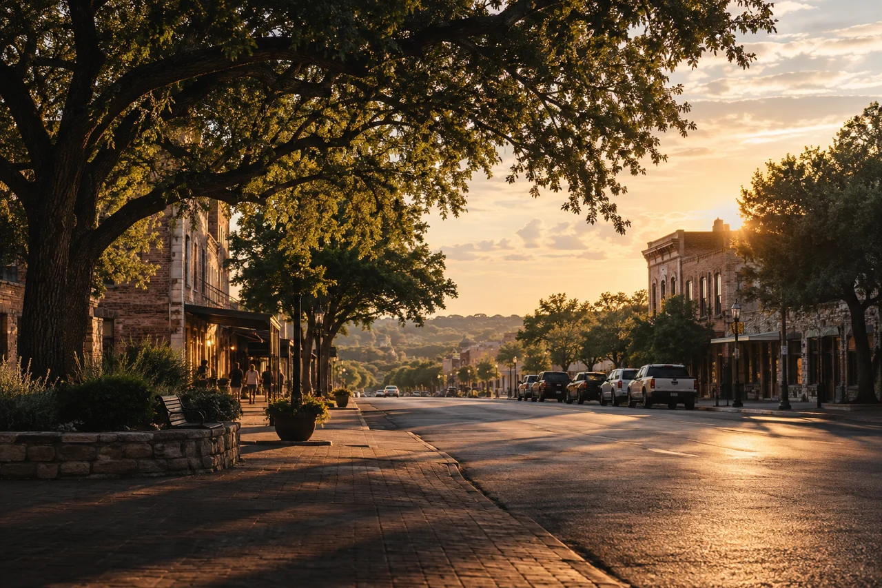 Warm evening light on an illustrated Texas main street